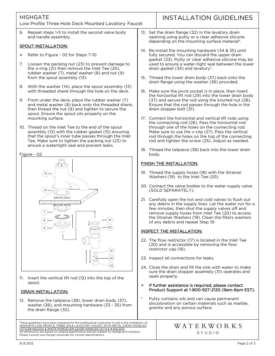 Installation guidelines, Highgate | Waterworks Highgate Low Profile Three Hole Deck Mounted Lavatory Faucet with White Porcelain Lever Handles User Manual | Page 2 / 10