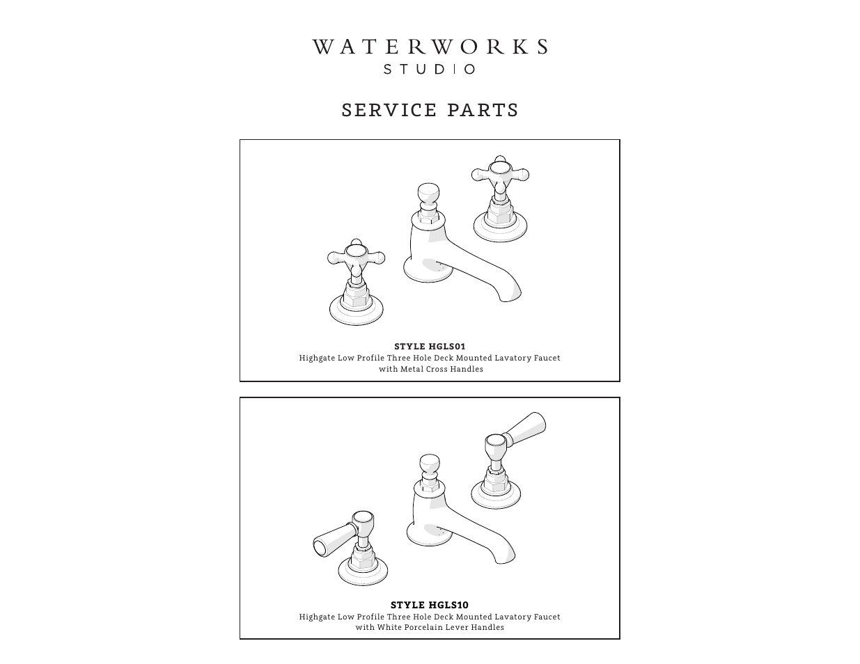 Serv ice pa rts | Waterworks Highgate Low Profile Three Hole Deck Mounted Lavatory Faucet with White Porcelain Lever Handles User Manual | Page 4 / 10