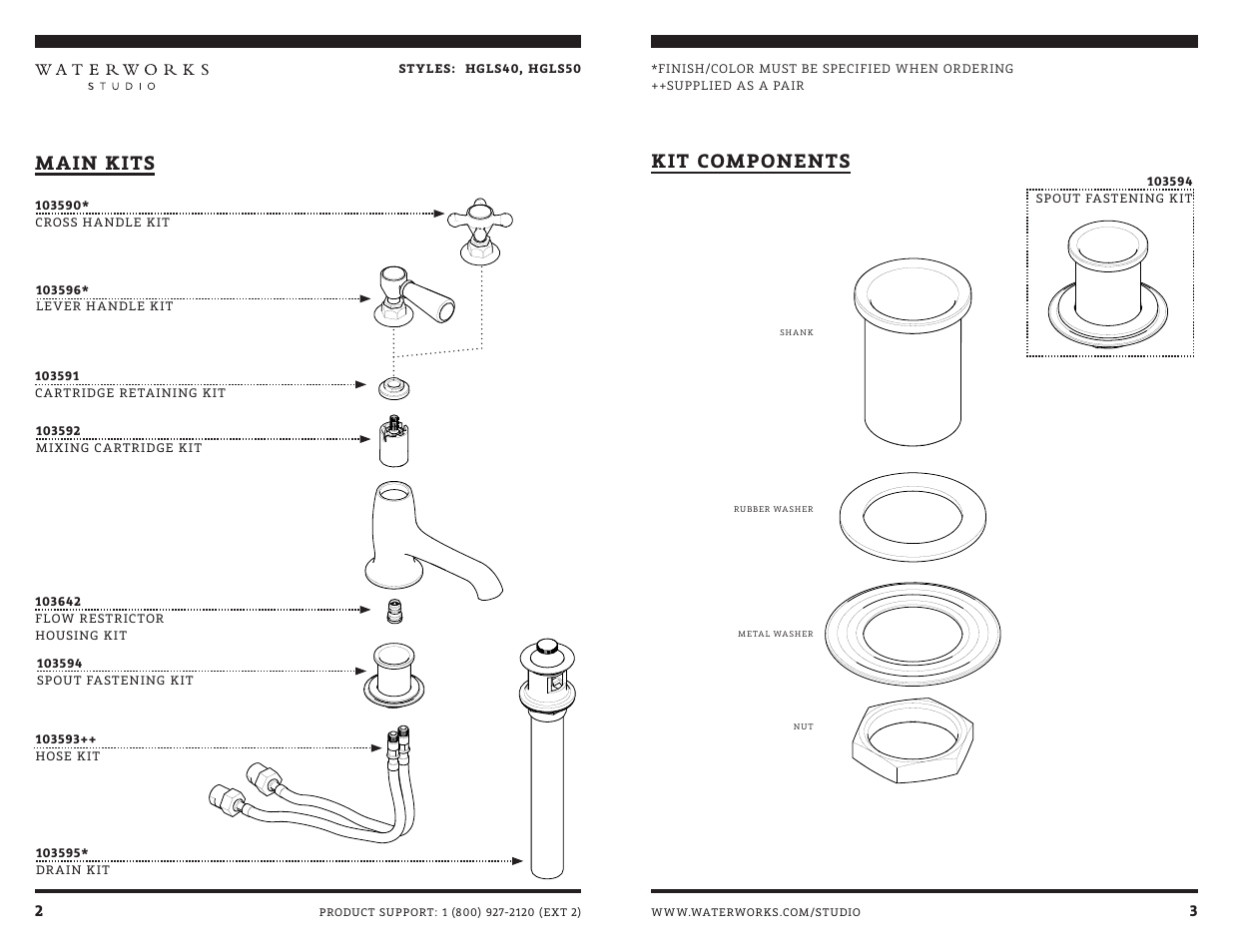 Main kits, Kit components | Waterworks Highgate Low Profile One Hole Deck Mounted Lavatory Faucet with White Porcelain Lever Handles User Manual | Page 6 / 9