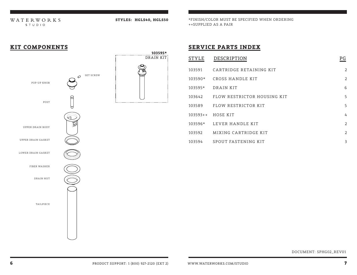 Service parts index, Kit components | Waterworks Highgate Low Profile One Hole Deck Mounted Lavatory Faucet with White Porcelain Lever Handles User Manual | Page 8 / 9