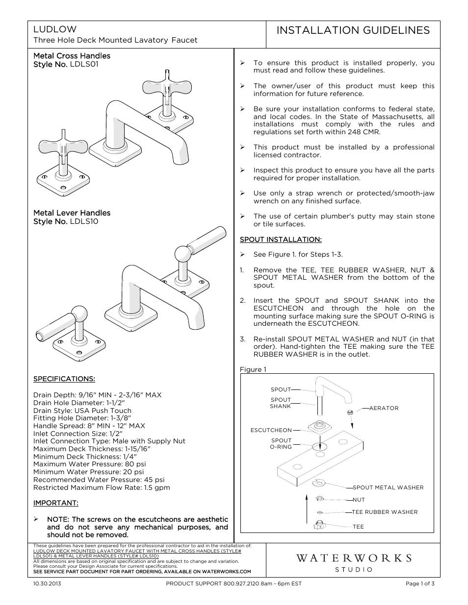 Waterworks Ludlow Low Profile Three Hole Deck Mounted Lavatory Faucet with Metal Lever Handles User Manual | 3 pages