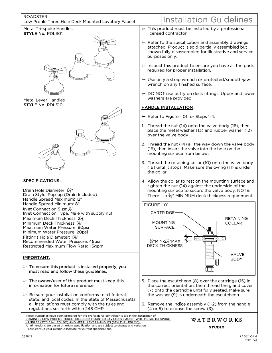 Waterworks Roadster Low Profile Three Hole Deck Mounted Lavatory Faucet with Metal Lever Handles User Manual | 13 pages