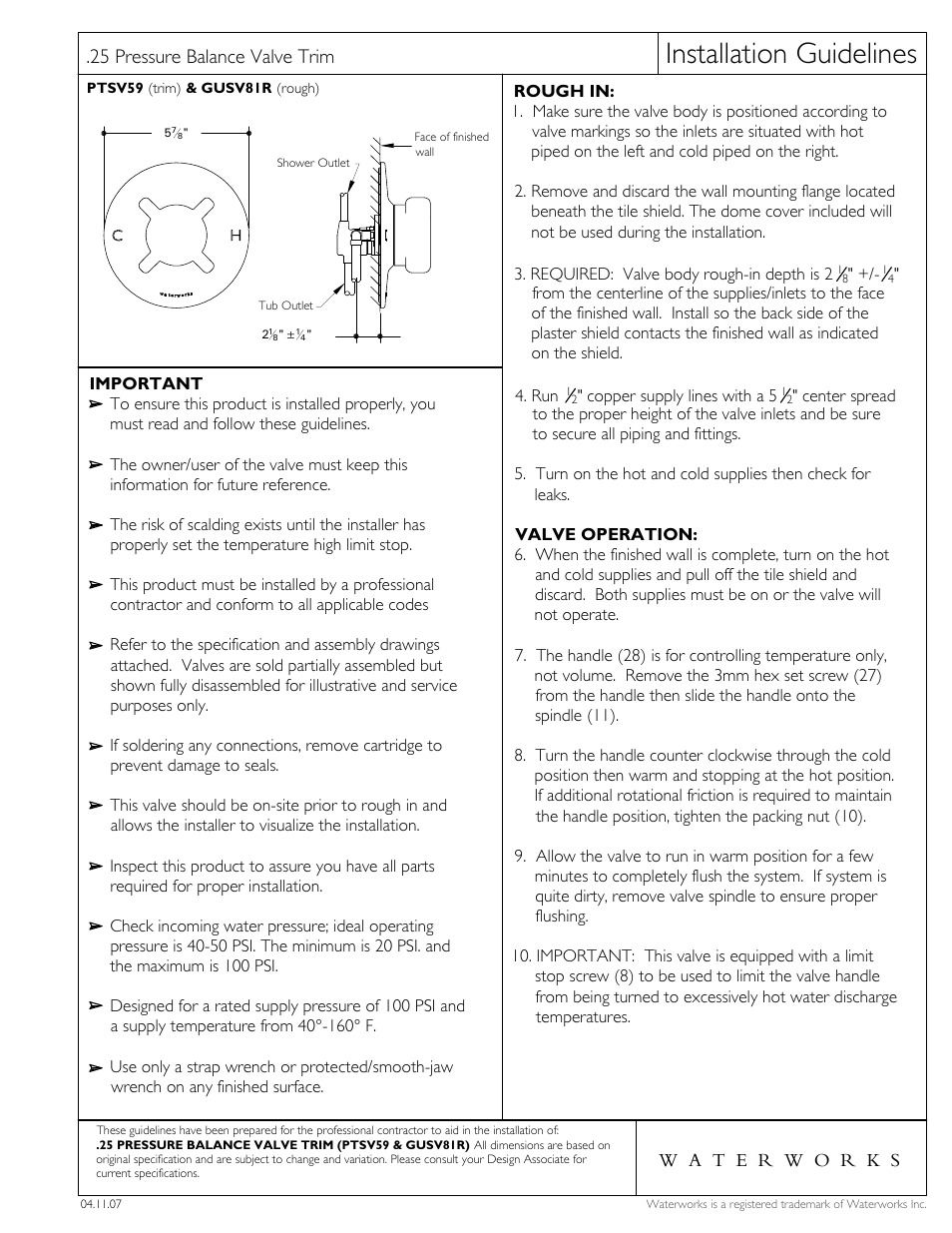 Waterworks .25 Pressure Balance Control Valve Trim with Metal Cross Handle User Manual | 5 pages