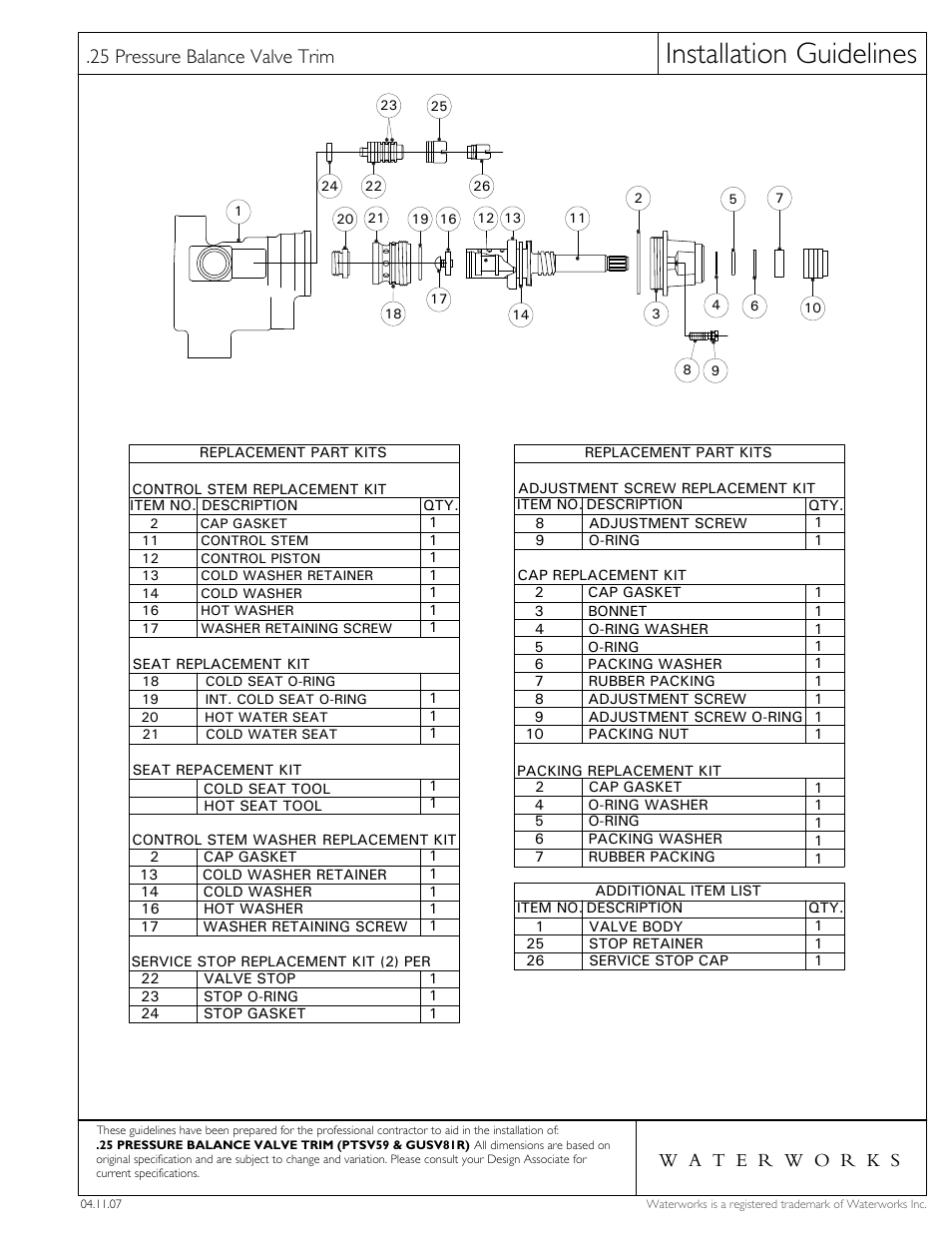 Installation guidelines, 25 pressure balance valve trim | Waterworks .25 Pressure Balance Control Valve Trim with Metal Cross Handle User Manual | Page 4 / 5