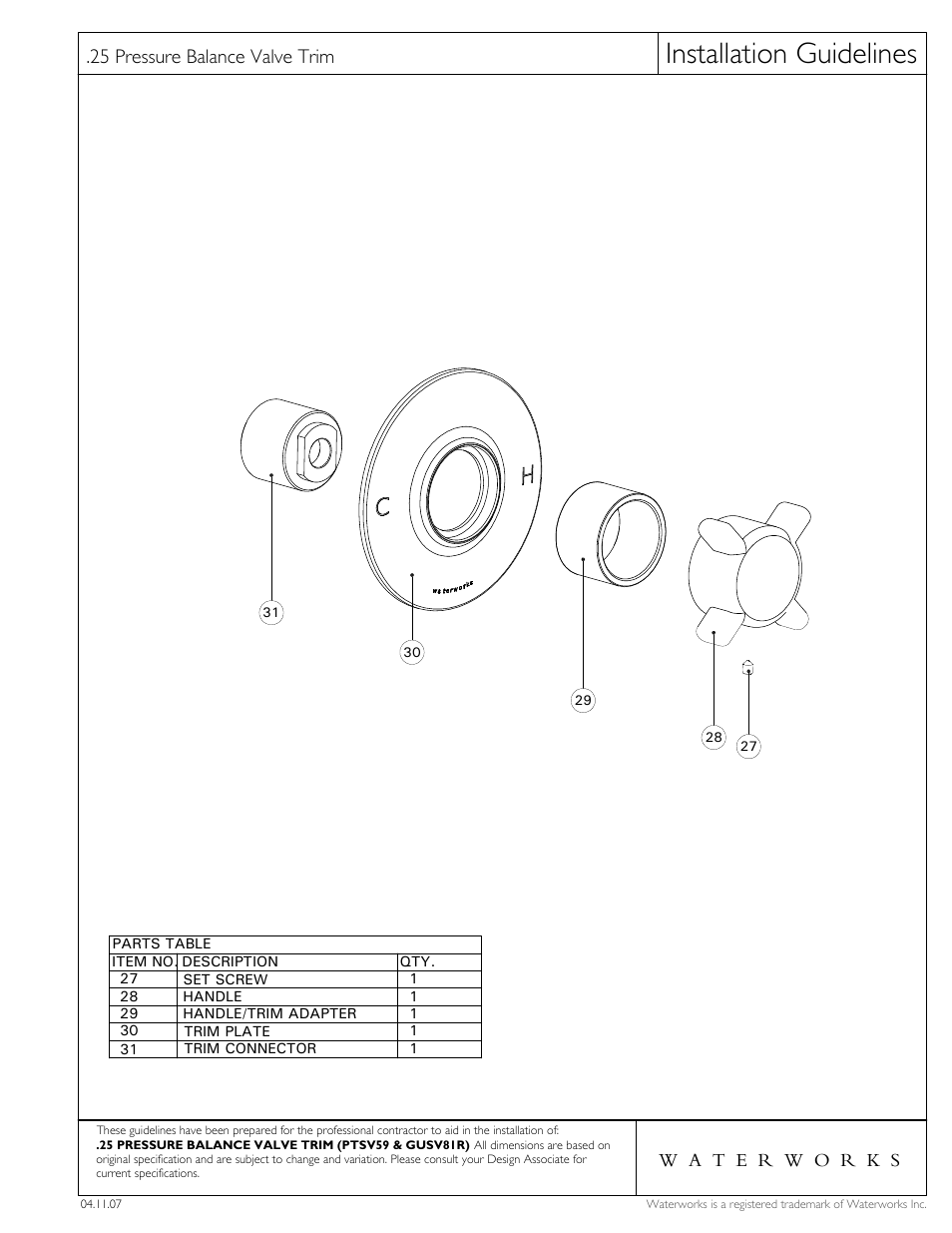 Installation guidelines, 25 pressure balance valve trim | Waterworks .25 Pressure Balance Control Valve Trim with Metal Cross Handle User Manual | Page 5 / 5