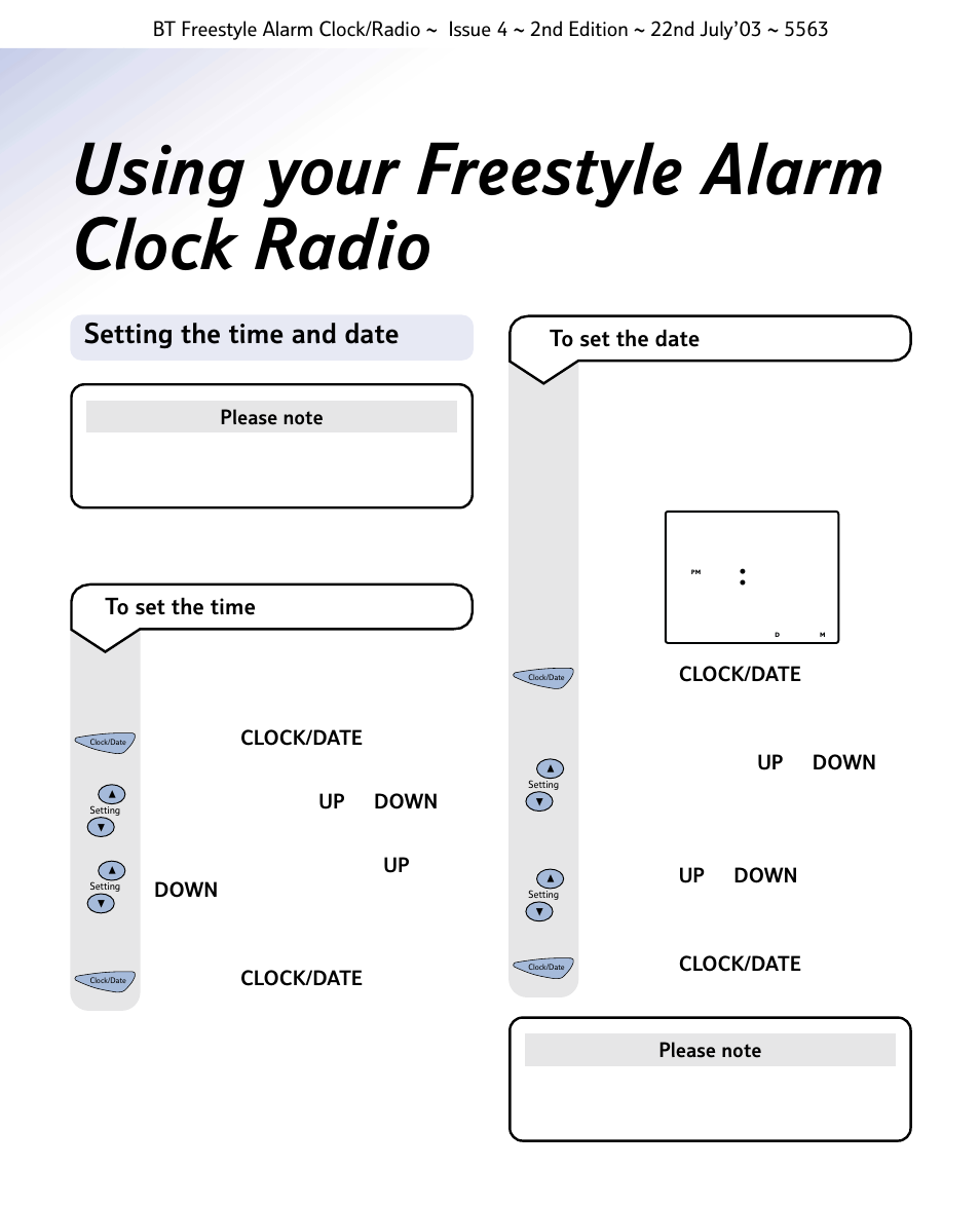 Using your freestyle alarm clock radio, Su 2 9, Setting the time and date | BT ALARM CLOCK RADIO User Manual | Page 7 / 14