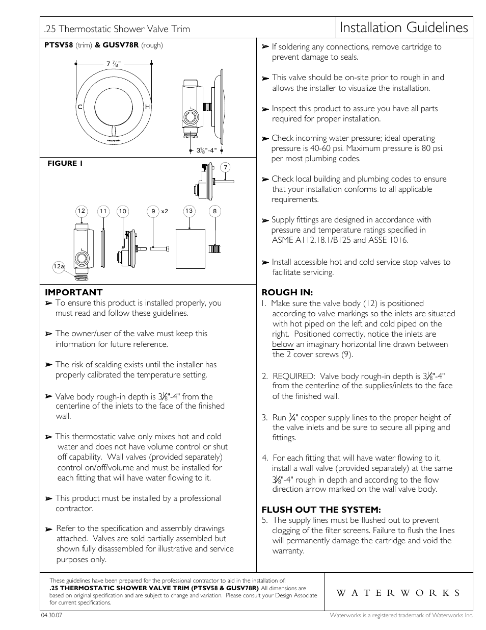 Waterworks .25 Thermostatic Control Valve Trim with Metal Lever Handles User Manual | 3 pages