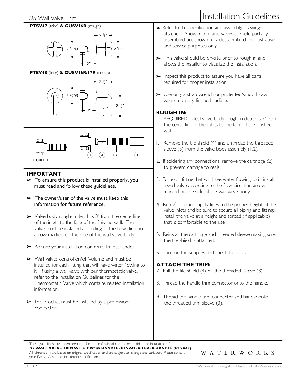 Waterworks .25 Volume Control Valve Trim with Metal Lever Handle User Manual | 3 pages