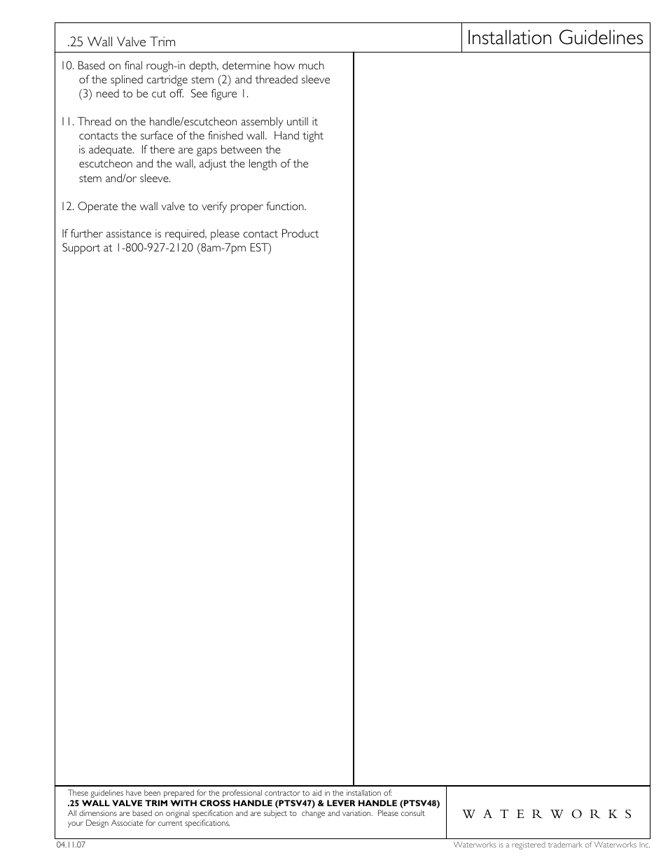 Installation guidelines | Waterworks .25 Volume Control Valve Trim with Metal Lever Handle User Manual | Page 2 / 3