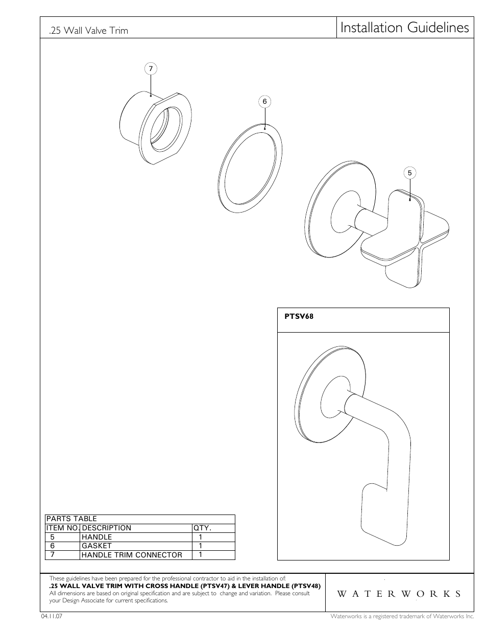 Installation guidelines, 25 wall valve trim | Waterworks .25 Volume Control Valve Trim with Metal Lever Handle User Manual | Page 3 / 3