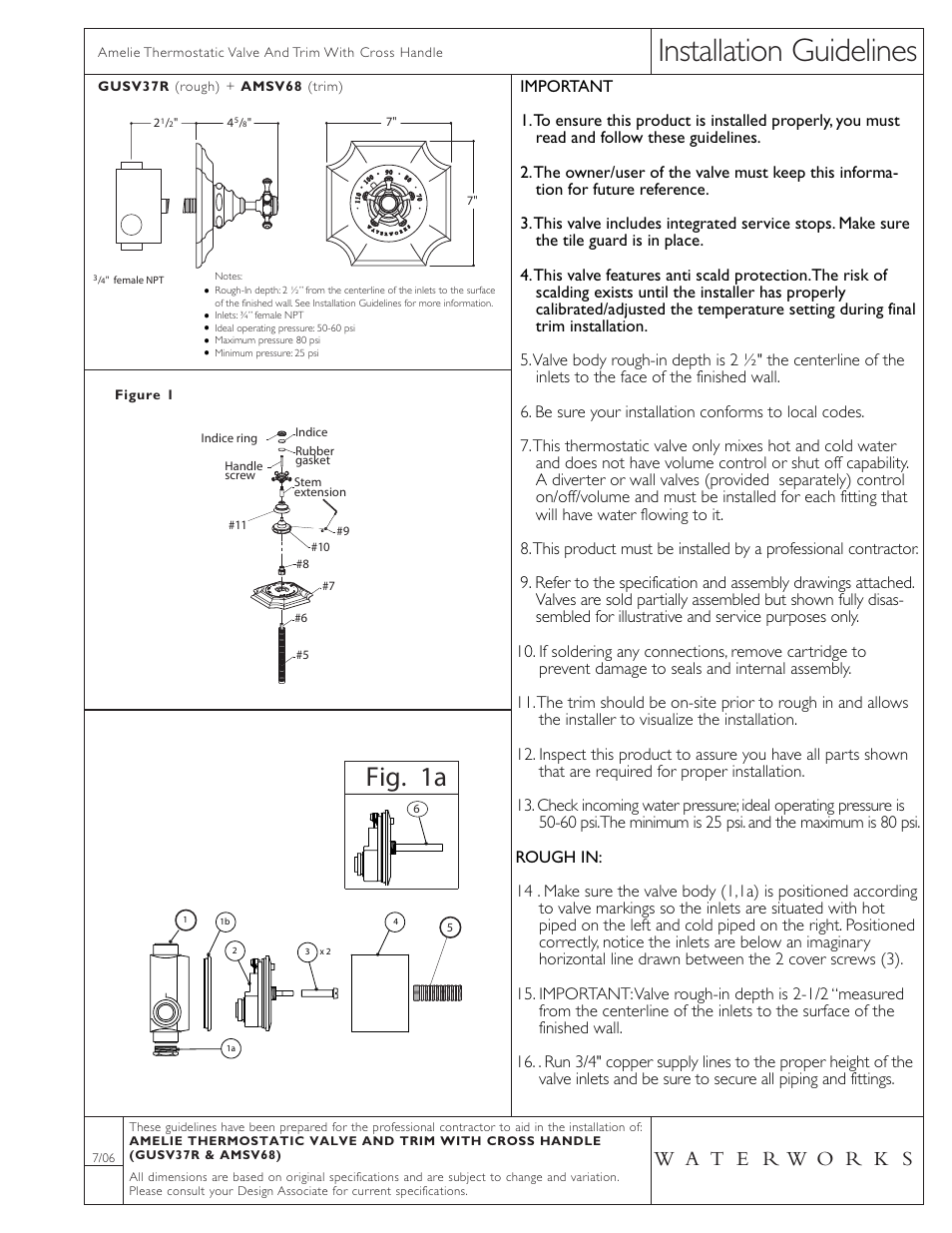 Waterworks Amelie Thermostatic Control Valve Trim with Metal Cross Handle User Manual | 2 pages