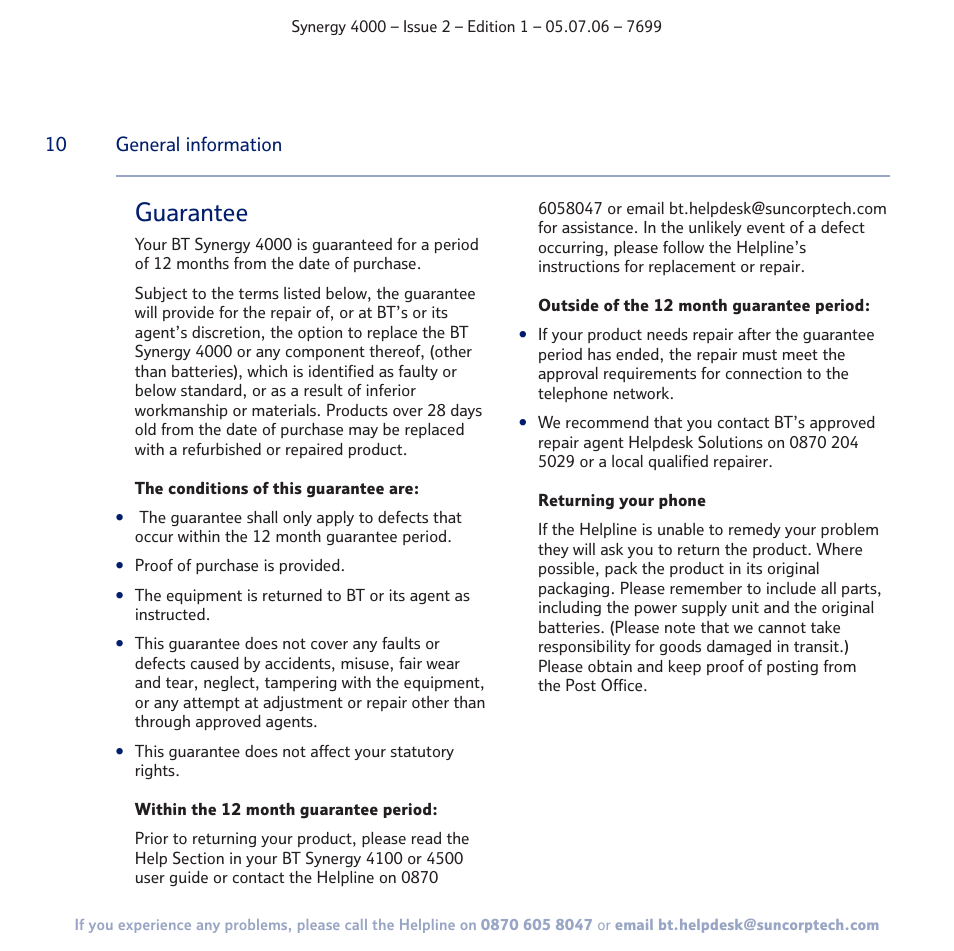Guarantee | BT SYNERGY 4000 User Manual | Page 10 / 12