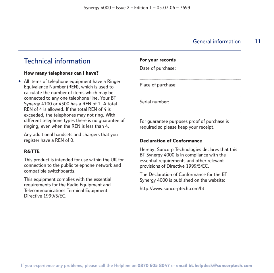 Technical information | BT SYNERGY 4000 User Manual | Page 11 / 12