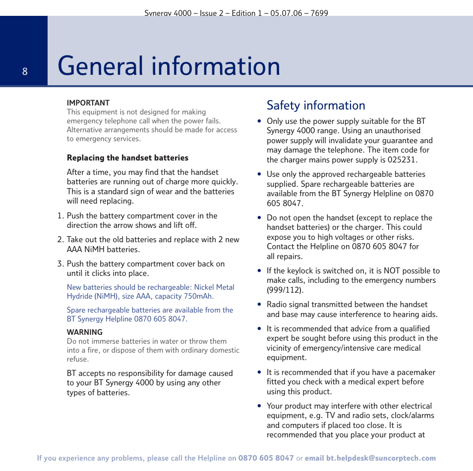 General information, Safety information | BT SYNERGY 4000 User Manual | Page 8 / 12