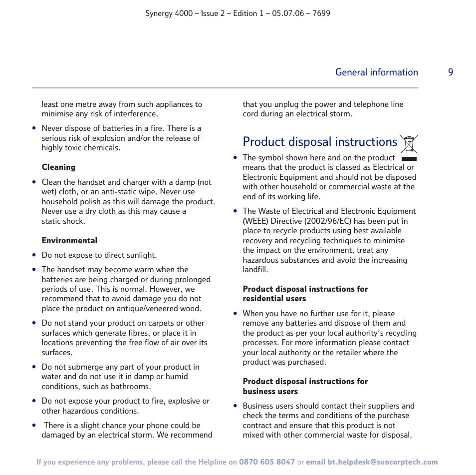 Product disposal instructions | BT SYNERGY 4000 User Manual | Page 9 / 12