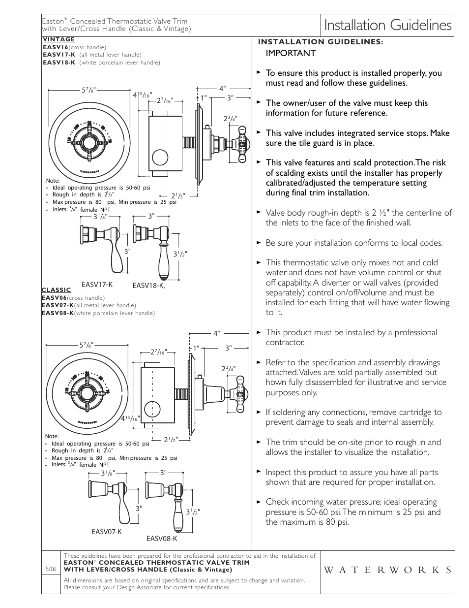 Waterworks Easton Vintage Thermostatic Control Valve Trim with Metal Lever Handles User Manual | 4 pages