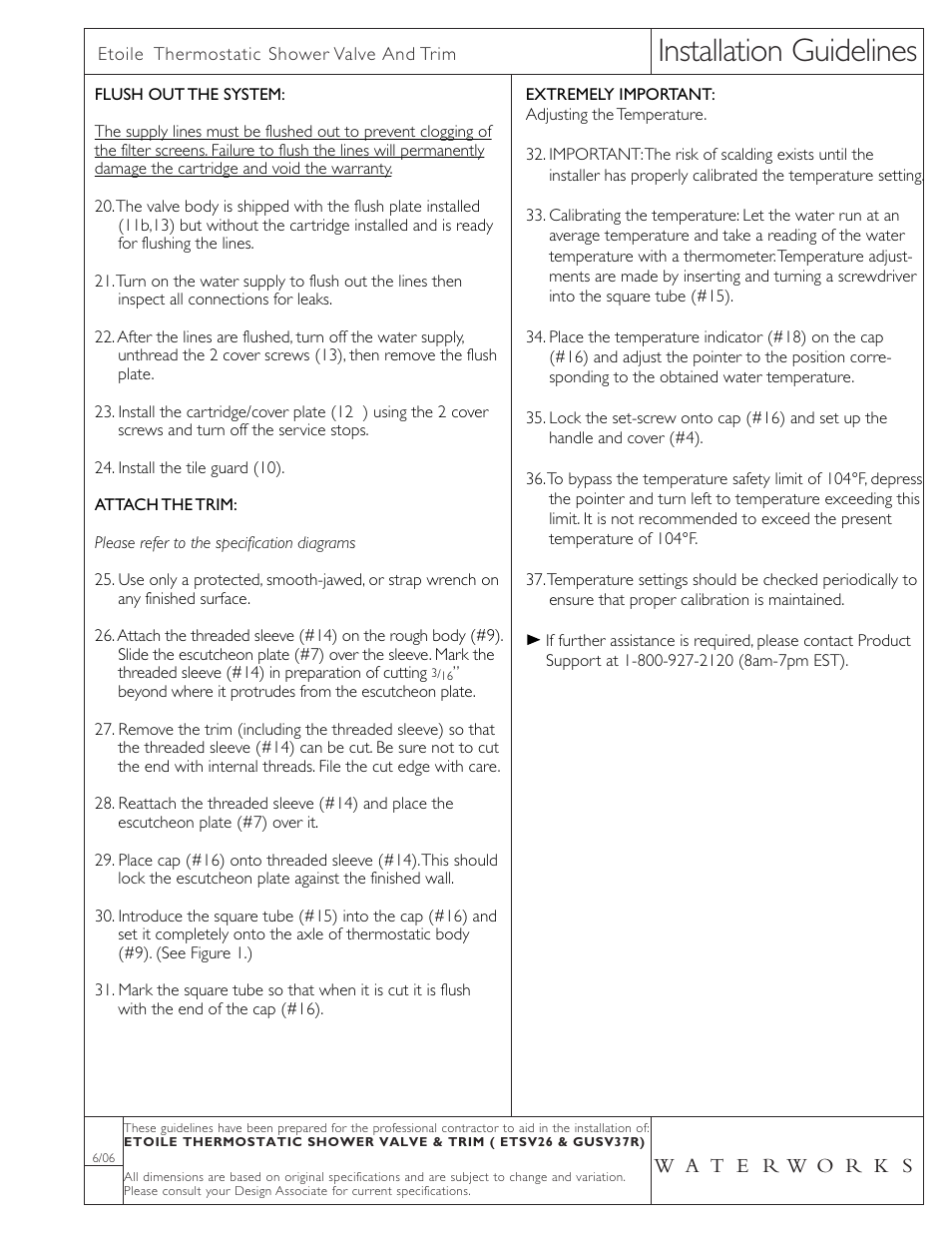 Installation guidelines | Waterworks Etoile Thermostatic Control Valve Trim with Metal Cross Handle User Manual | Page 2 / 2