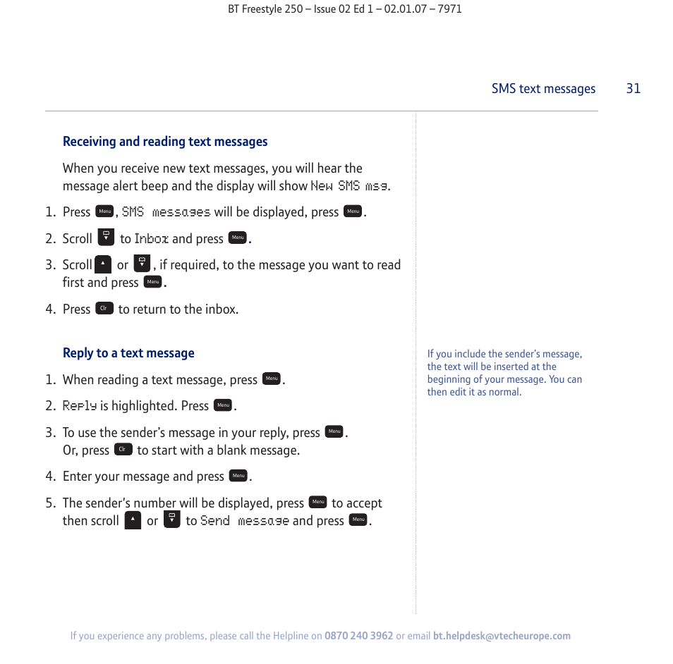 New sms msg, Sms messages, Inbox | Reply, Send message | BT Freestyle 250 User Manual | Page 31 / 72