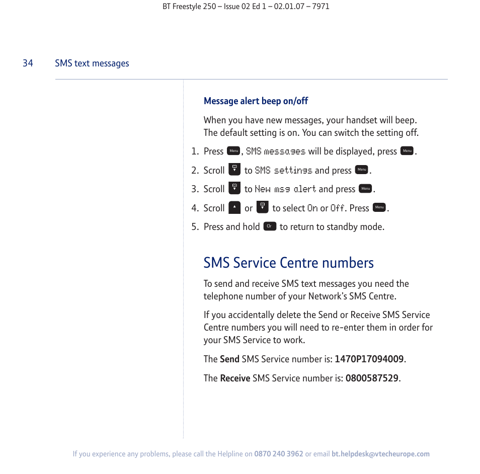 Sms service centre numbers | BT Freestyle 250 User Manual | Page 34 / 72