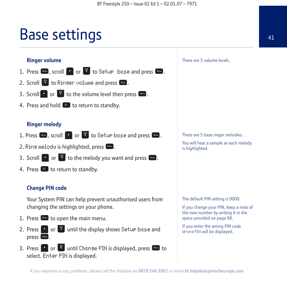 Base settings | BT Freestyle 250 User Manual | Page 41 / 72