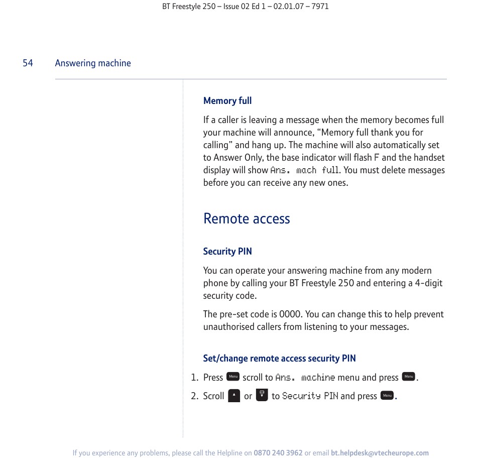 Remote access | BT Freestyle 250 User Manual | Page 54 / 72