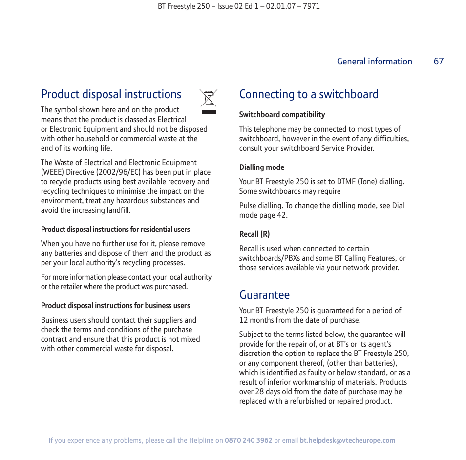 Product disposal instructions, Connecting to a switchboard, Guarantee | BT Freestyle 250 User Manual | Page 67 / 72