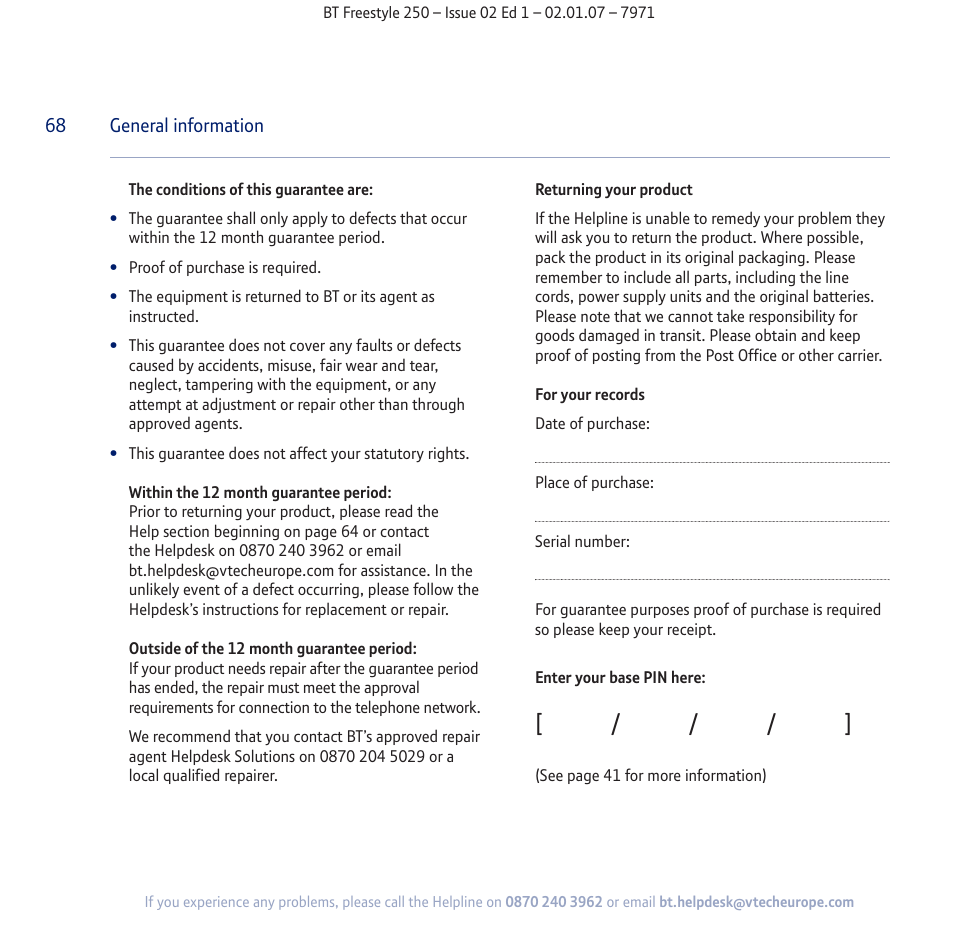 BT Freestyle 250 User Manual | Page 68 / 72