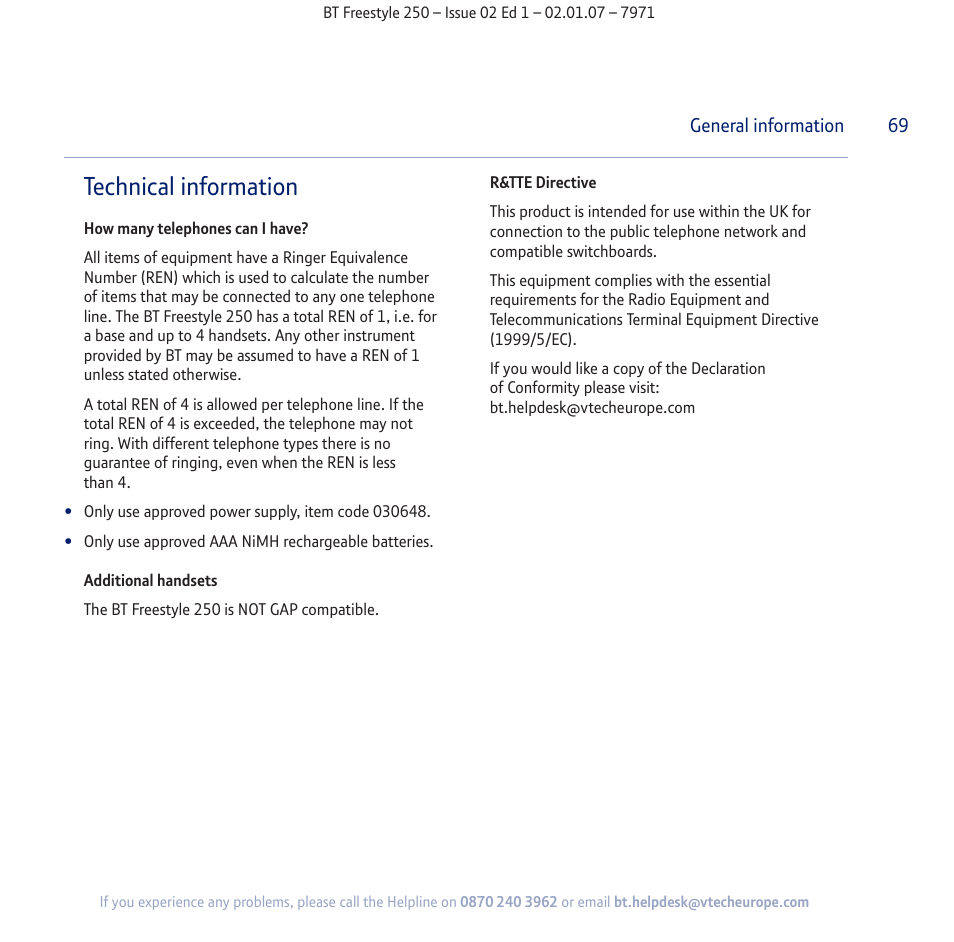 Technical information | BT Freestyle 250 User Manual | Page 69 / 72