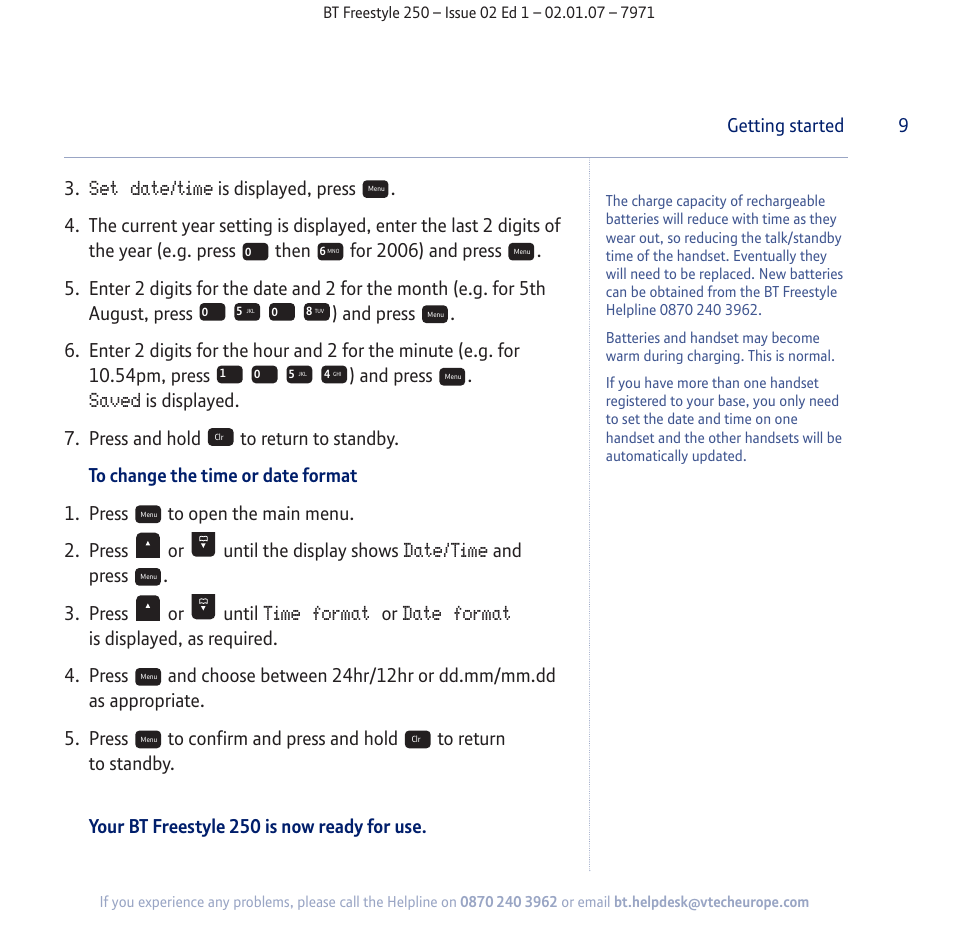 Set date/time, Saved, Date/time | Time format, Date format, 9getting started, And press . 3. press or until | BT Freestyle 250 User Manual | Page 9 / 72