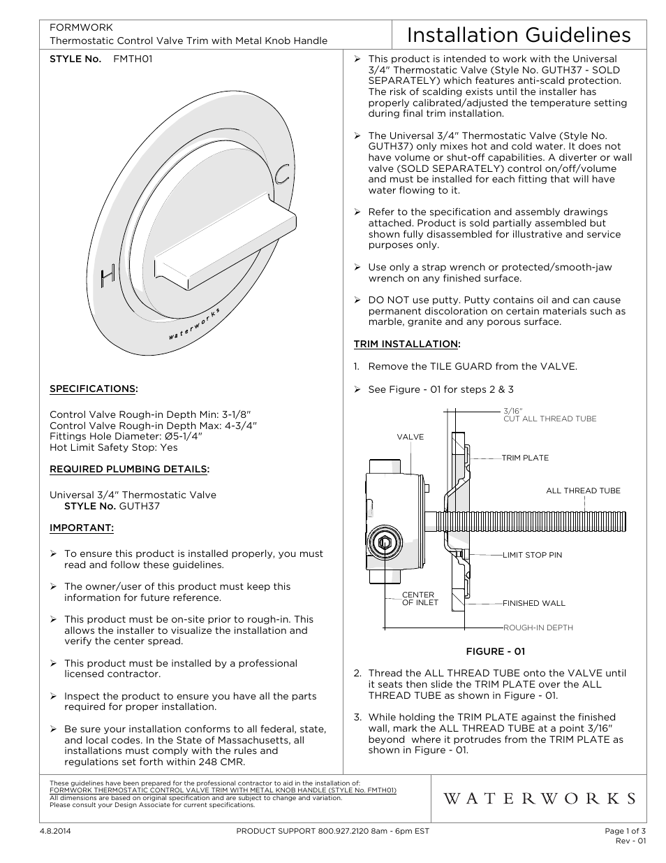 Waterworks Formwork Thermostatic Control Valve Trim with Metal Knob Handle User Manual | 3 pages