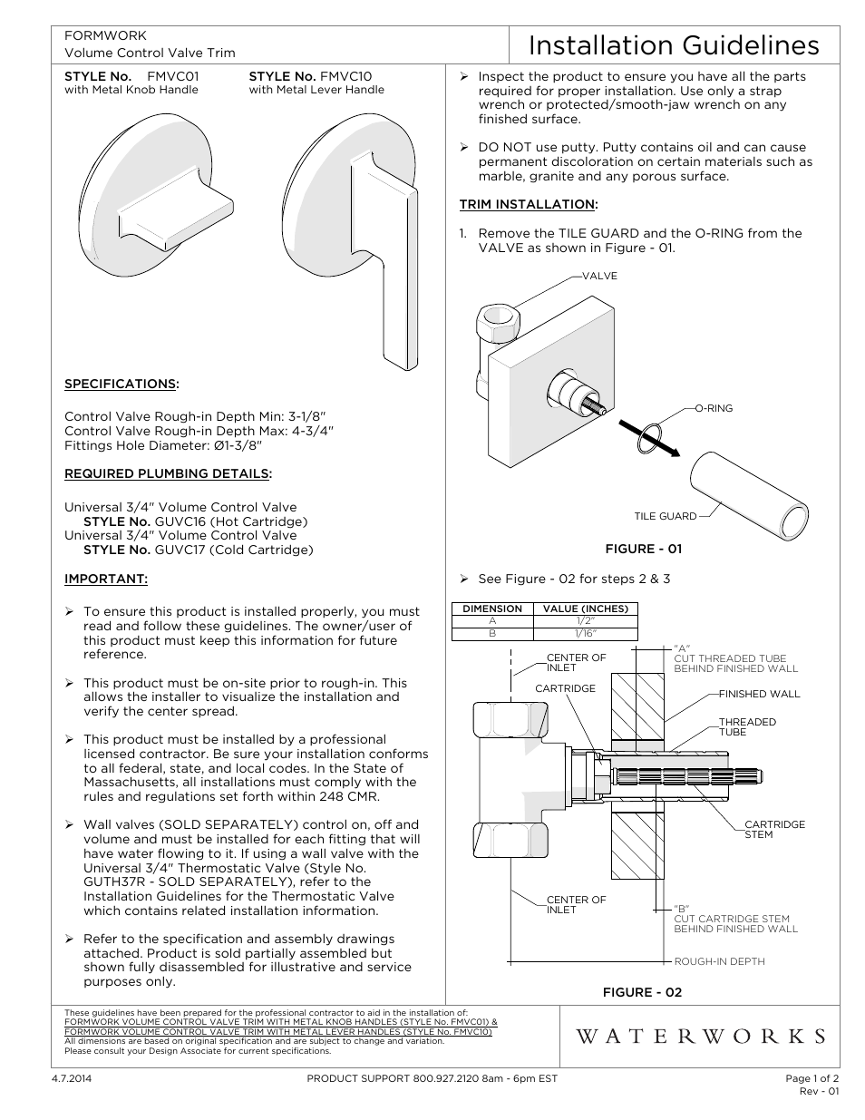 Waterworks Formwork Volume Control Valve Trim with Metal Lever Handle User Manual | 2 pages