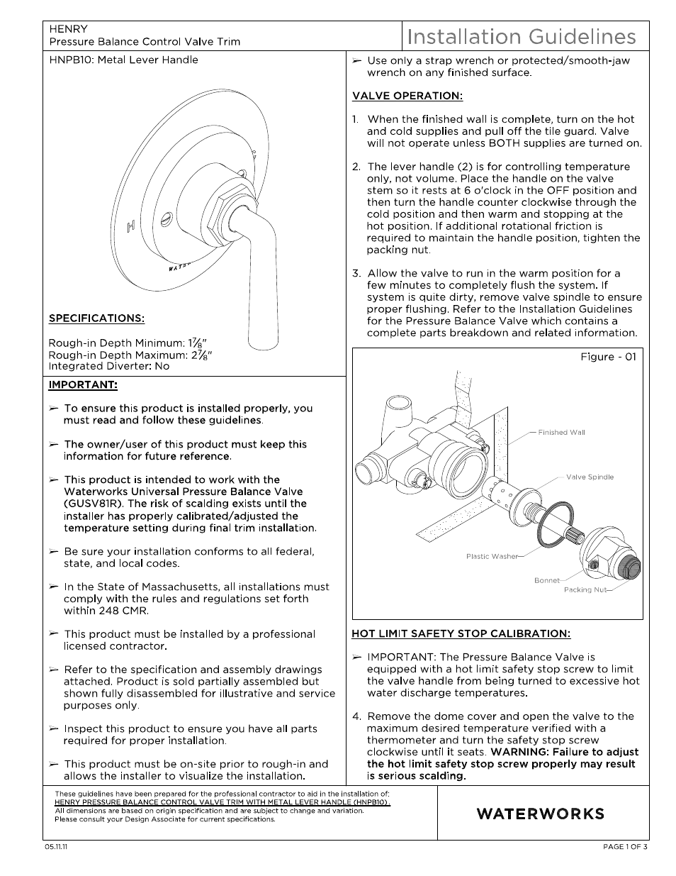 Waterworks Henry Pressure Balance Control Valve Trim User Manual | 10 pages