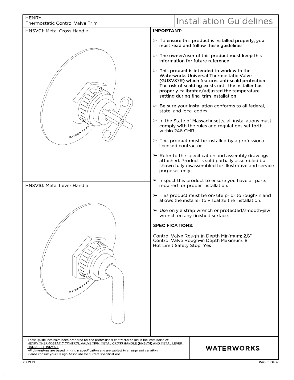 Waterworks Henry Thermostatic Control Valve Trim User Manual | 11 pages