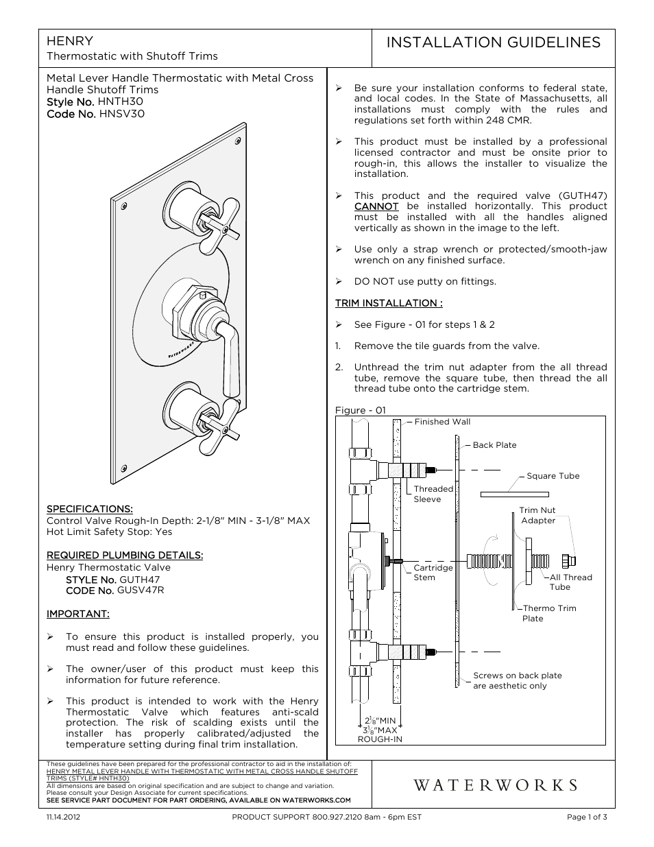 Waterworks Henry Thermostatic with Shutoff Trim User Manual | 10 pages