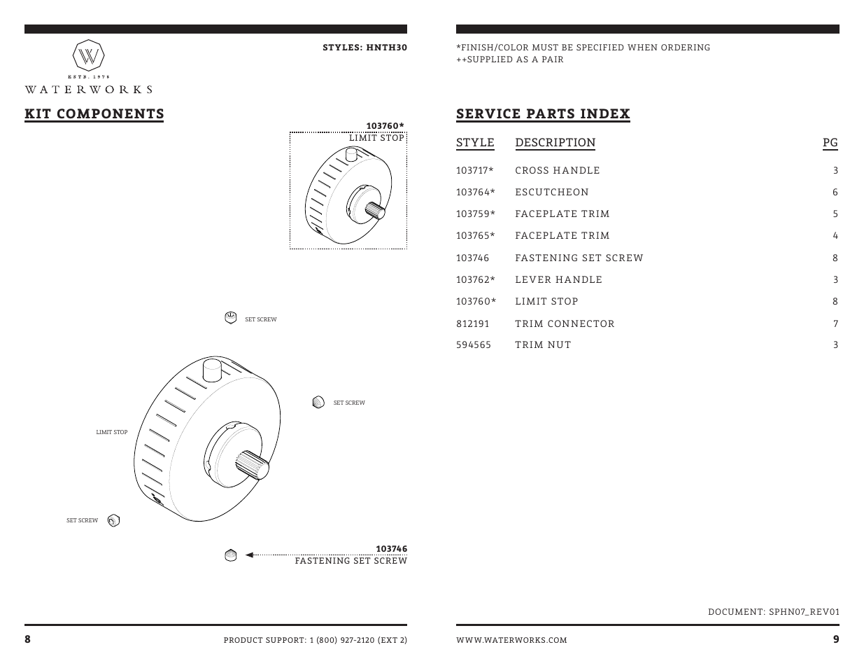 Kit components service parts index | Waterworks Henry Thermostatic with Shutoff Trim User Manual | Page 9 / 10