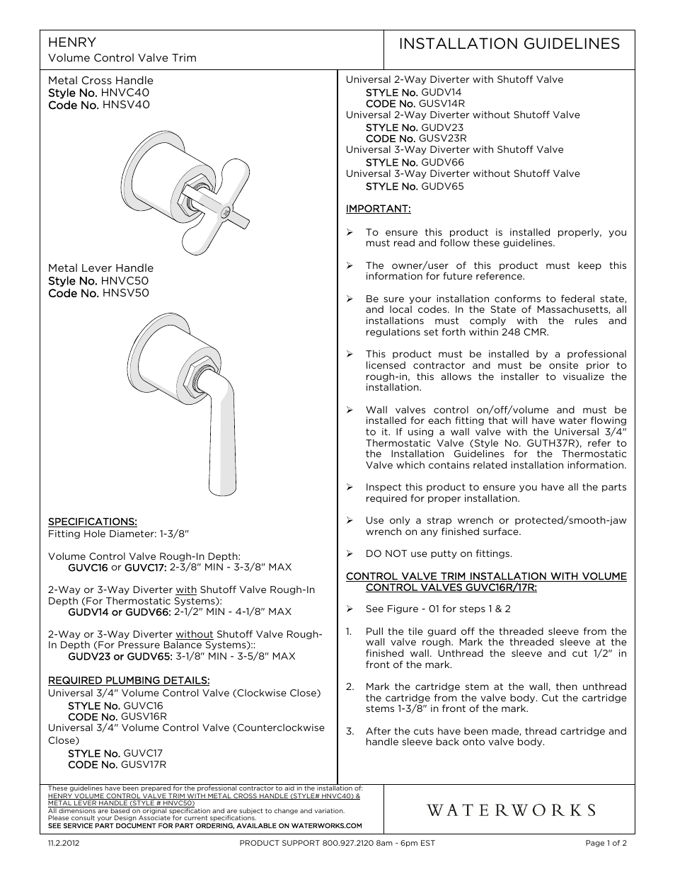 Waterworks Henry Volume Control Valve Trim User Manual | 7 pages