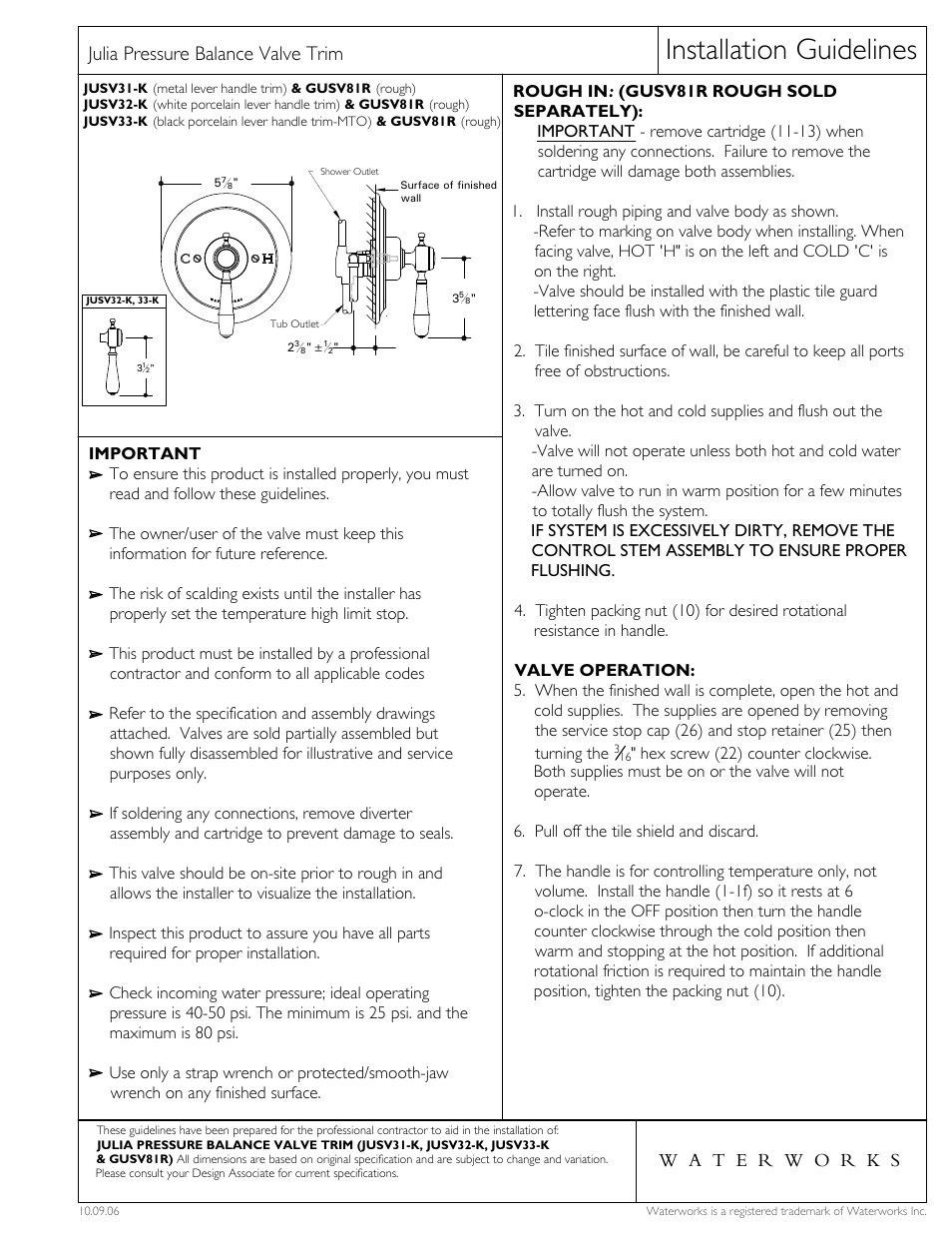 Waterworks Julia Pressure Balance Control Valve Trim with White Porcelain Lever Handles User Manual | 5 pages