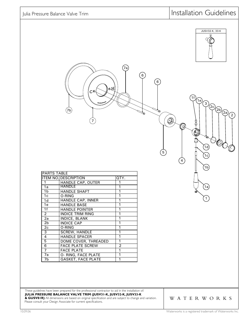 Installation guidelines, Julia pressure balance valve trim | Waterworks Julia Pressure Balance Control Valve Trim with White Porcelain Lever Handles User Manual | Page 5 / 5