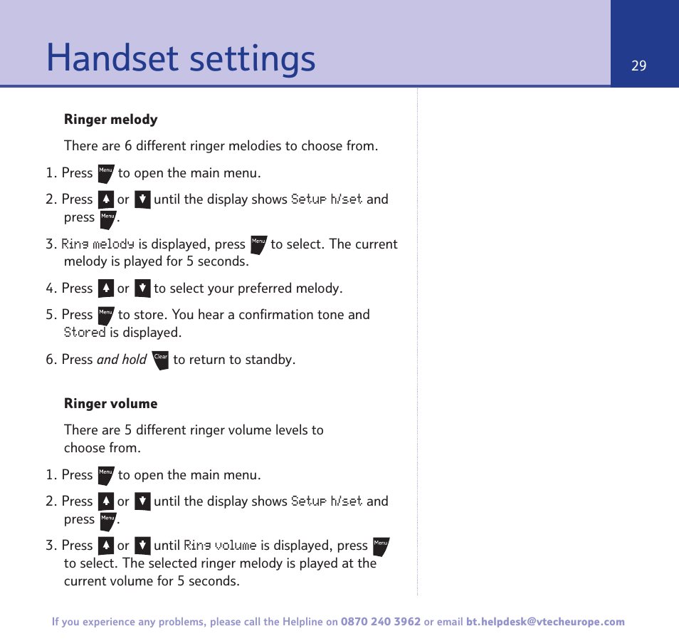 Handset settings | BT 3200 User Manual | Page 29 / 56