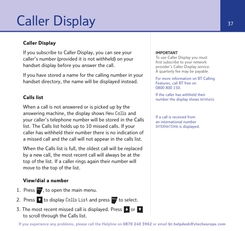 Caller display | BT 3200 User Manual | Page 37 / 56