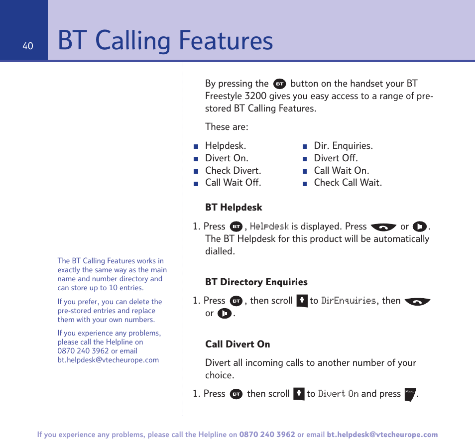 Bt calling features | BT 3200 User Manual | Page 40 / 56