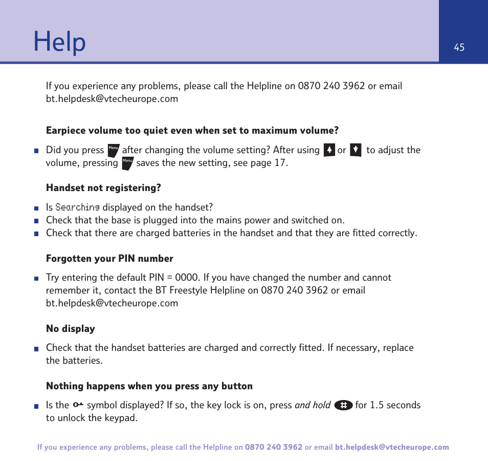 Help | BT 3200 User Manual | Page 45 / 56