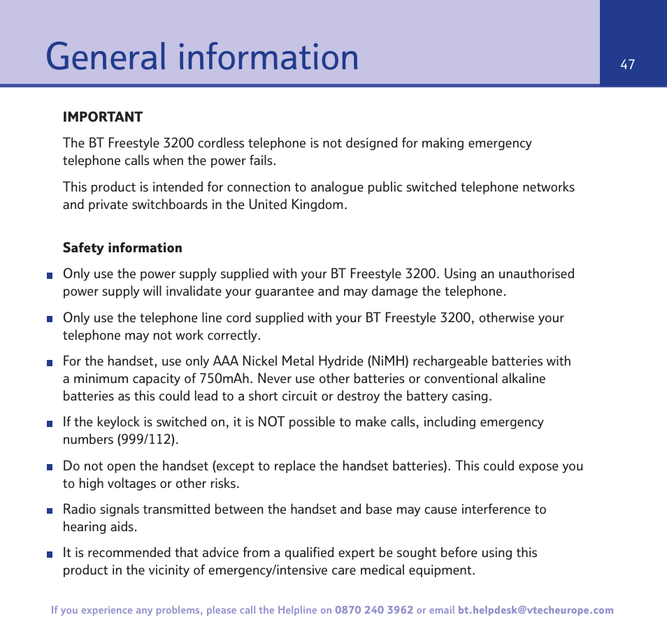 General information | BT 3200 User Manual | Page 47 / 56