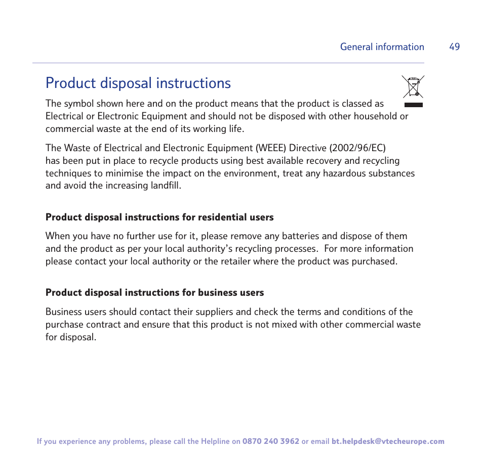 Product disposal instructions | BT 3200 User Manual | Page 49 / 56