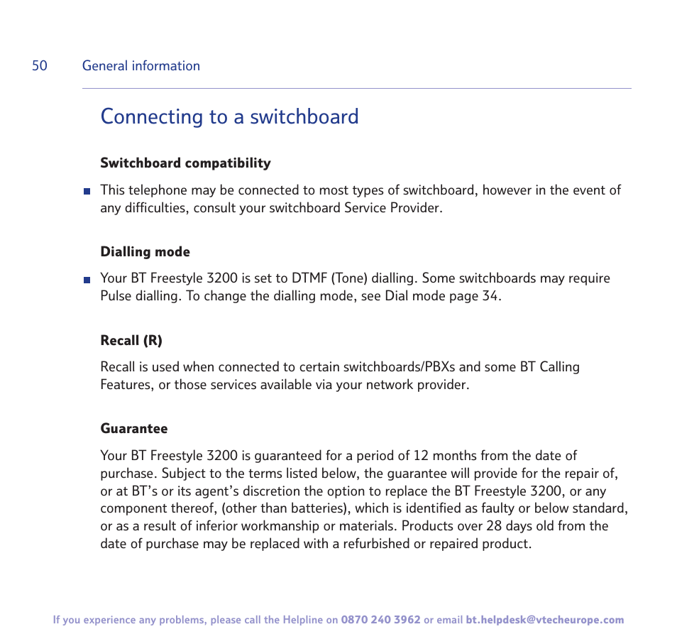 Connecting to a switchboard | BT 3200 User Manual | Page 50 / 56