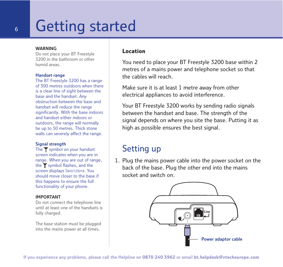 Getting started, Setting up | BT 3200 User Manual | Page 6 / 56