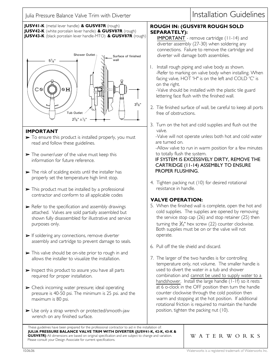 Waterworks Julia Pressure Balance with Diverter Trim with White Porcelain Lever Handles User Manual | 5 pages