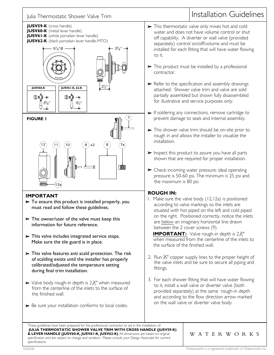 Waterworks Julia Thermostatic Control Valve Trim with White Porcelain Lever Handles User Manual | 4 pages