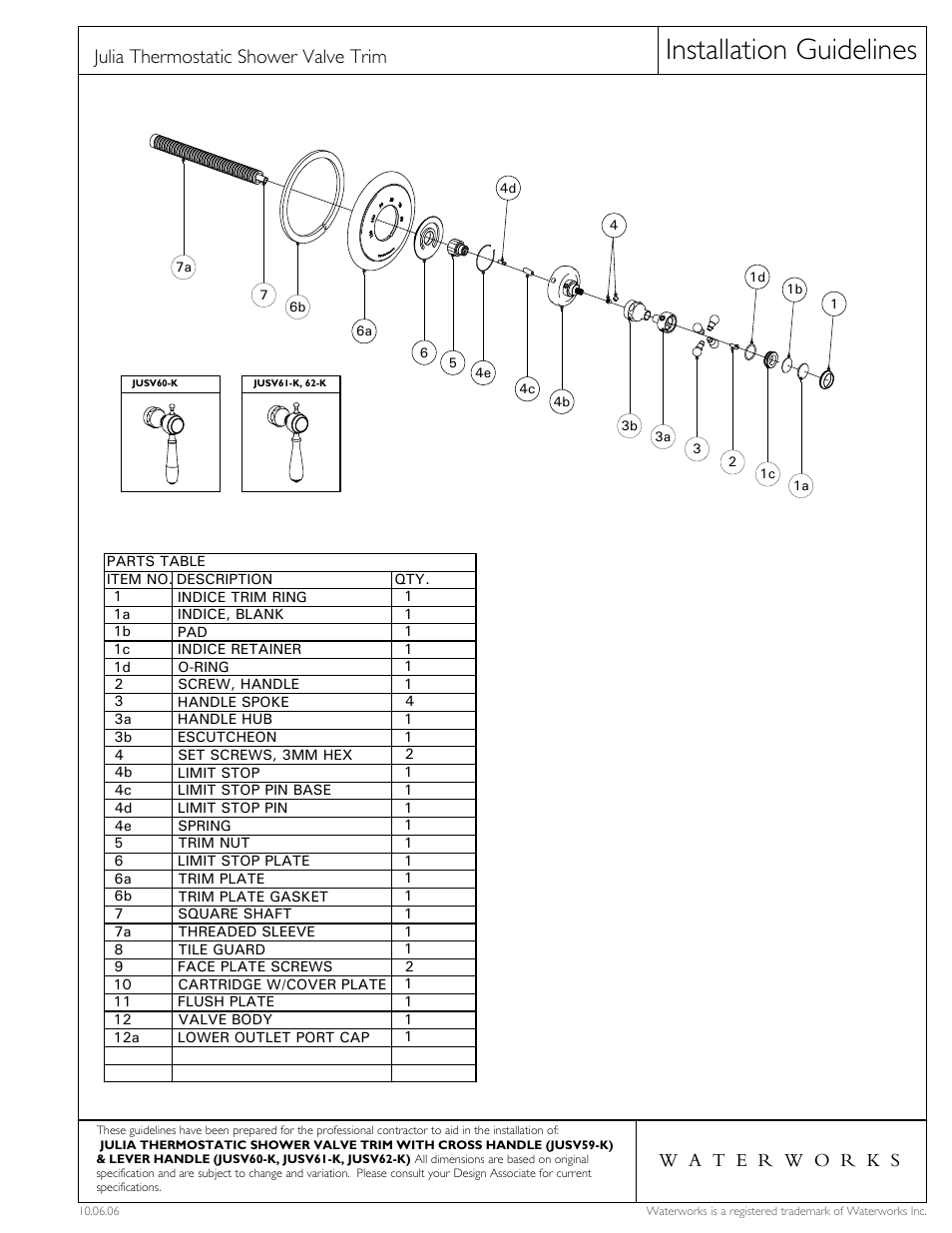 Installation guidelines, Julia thermostatic shower valve trim | Waterworks Julia Thermostatic Control Valve Trim with White Porcelain Lever Handles User Manual | Page 4 / 4