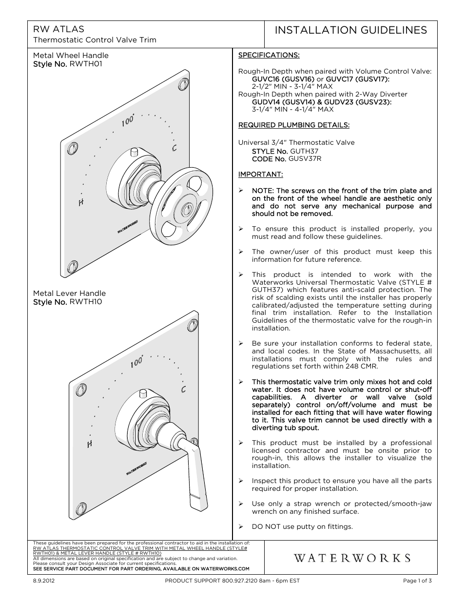 Waterworks R.W. Atlas Thermostatic Control Valve Trim with Metal Lever Handle User Manual | 10 pages